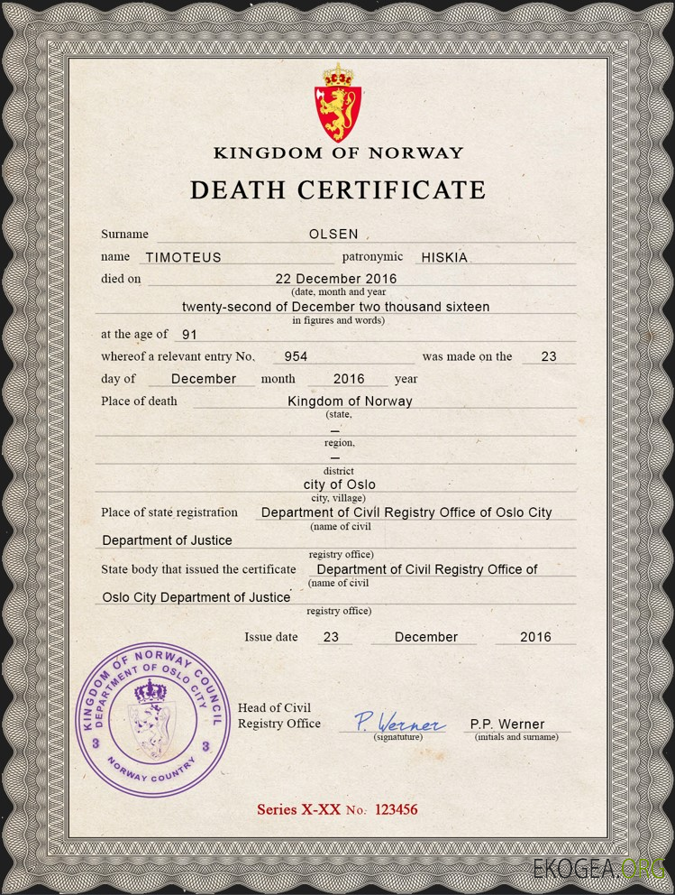 Modèle PSD de certificat de décès de l'état civil de Norvège